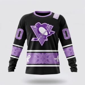 Personalized NHL Pittsburgh Penguins Crewneck Sweatshirt Special Black And Lavender Hockey Fight Cancer Design Sweatshirt 1