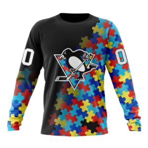 Personalized NHL Pittsburgh Penguins Crewneck Sweatshirt Special Black Autism Awareness Design 1