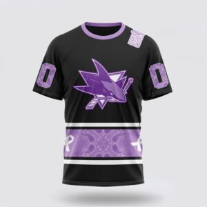 Personalized NHL San Jose Sharks 3D T Shirt Special Black And Lavender Hockey Fight Cancer Design T Shirt 1