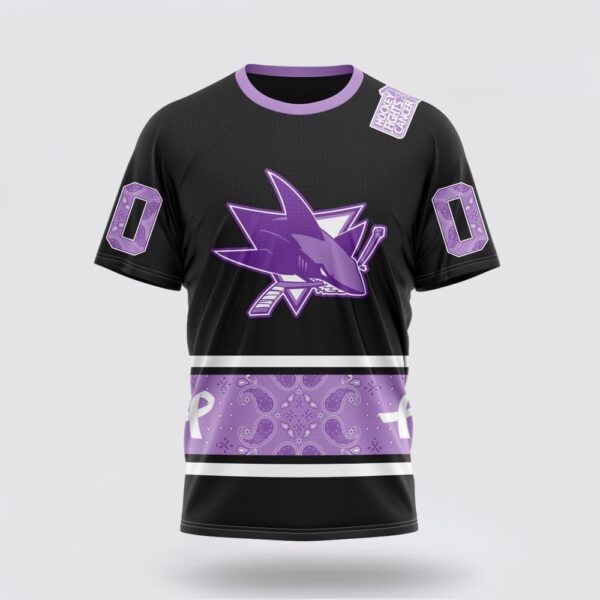 Personalized NHL San Jose Sharks 3D T Shirt Special Black And Lavender Hockey Fight Cancer Design T Shirt