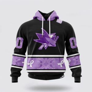Personalized NHL San Jose Sharks All Over Print Hoodie Special Black And Lavender Hockey Fight Cancer Design Hoodie 1