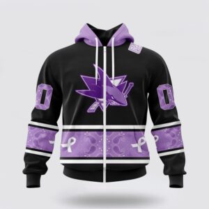 Personalized NHL San Jose Sharks All Over Print Hoodie Special Black And Lavender Hockey Fight Cancer Design Hoodie 2