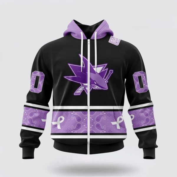 Personalized NHL San Jose Sharks All Over Print Hoodie Special Black And Lavender Hockey Fight Cancer Design Hoodie