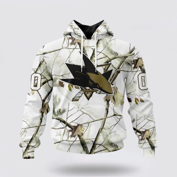 Personalized NHL San Jose Sharks All Over Print Hoodie Special White Winter Hunting Camo Design Hoodie
