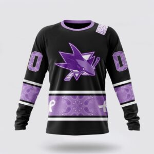 Personalized NHL San Jose Sharks Crewneck Sweatshirt Special Black And Lavender Hockey Fight Cancer Design Sweatshirt 1