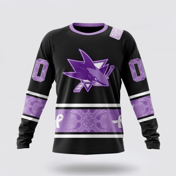 Personalized NHL San Jose Sharks Crewneck Sweatshirt Special Black And Lavender Hockey Fight Cancer Design Sweatshirt