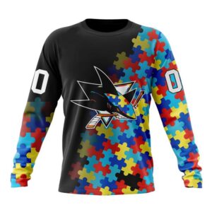 Personalized NHL San Jose Sharks Crewneck Sweatshirt Special Black Autism Awareness Design 1