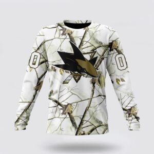 Personalized NHL San Jose Sharks Crewneck Sweatshirt Special White Winter Hunting Camo Design Sweatshirt 1
