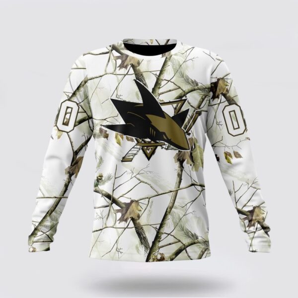 Personalized NHL San Jose Sharks Crewneck Sweatshirt Special White Winter Hunting Camo Design Sweatshirt