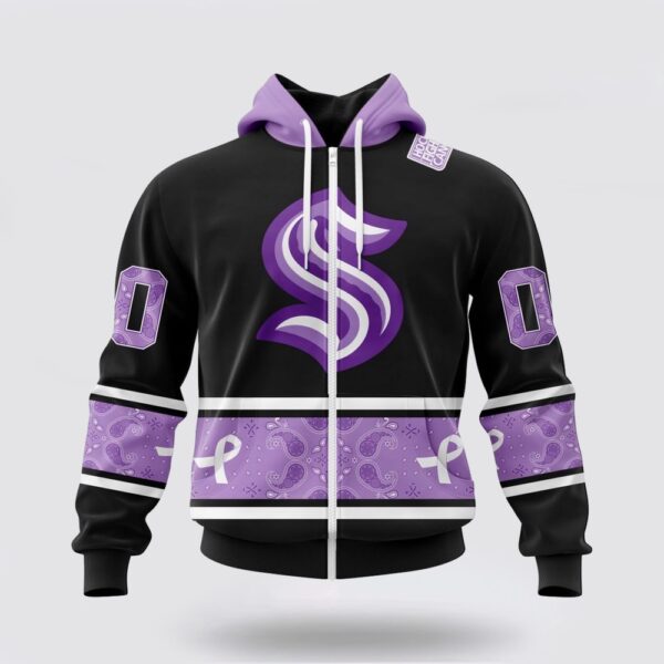 Personalized NHL Seattle Kraken All Over Print Hoodie Special Black And Lavender Hockey Fight Cancer Design Hoodie