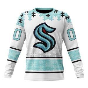 Personalized NHL Seattle Kraken Crewneck Sweatshirt Special Autism Awareness Design With Home Jersey Style 1