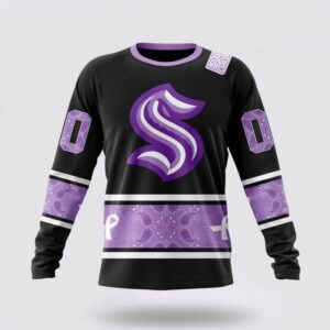 Personalized NHL Seattle Kraken Crewneck Sweatshirt Special Black And Lavender Hockey Fight Cancer Design Sweatshirt 1