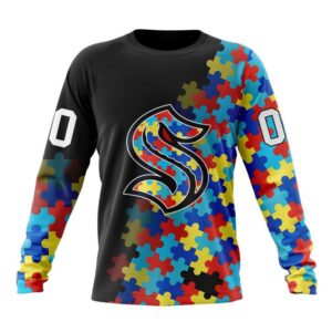 Personalized NHL Seattle Kraken Crewneck Sweatshirt Special Black Autism Awareness Design 1