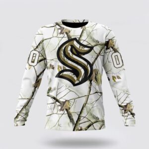 Personalized NHL Seattle Kraken Crewneck Sweatshirt Special White Winter Hunting Camo Design Sweatshirt 1