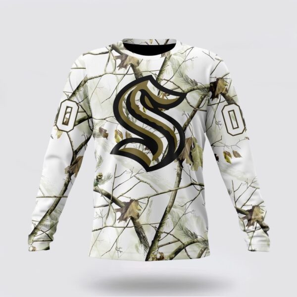 Personalized NHL Seattle Kraken Crewneck Sweatshirt Special White Winter Hunting Camo Design Sweatshirt