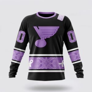 Personalized NHL St Louis Blues Crewneck Sweatshirt Special Black And Lavender Hockey Fight Cancer Design Sweatshirt 1