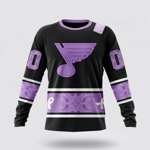 Personalized NHL St Louis Blues Crewneck Sweatshirt Special Black And Lavender Hockey Fight Cancer Design Sweatshirt