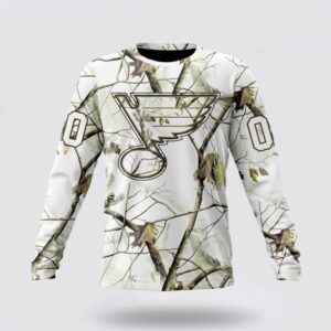 Personalized NHL St Louis Blues Crewneck Sweatshirt Special White Winter Hunting Camo Design Sweatshirt 1