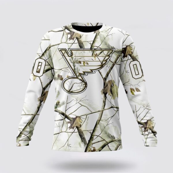 Personalized NHL St Louis Blues Crewneck Sweatshirt Special White Winter Hunting Camo Design Sweatshirt