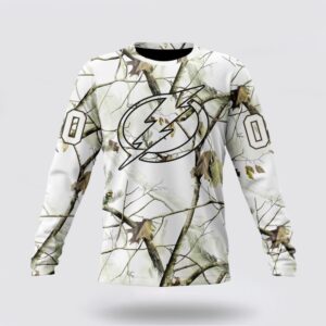 Personalized NHL Tampa Bay Lightning Crewneck Sweatshirt Special White Winter Hunting Camo Design Sweatshirt 1