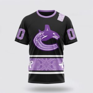 Personalized NHL Vancouver Canucks 3D T Shirt Special Black And Lavender Hockey Fight Cancer Design T Shirt 1