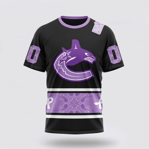 Personalized NHL Vancouver Canucks 3D T Shirt Special Black And Lavender Hockey Fight Cancer Design T Shirt