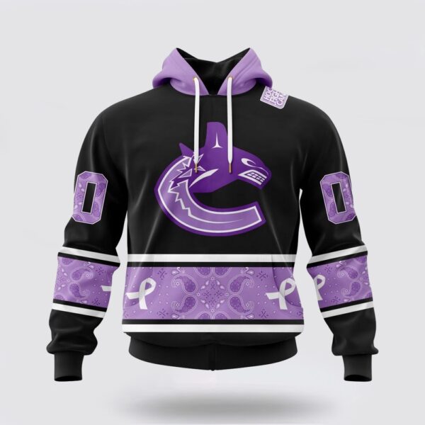 Personalized NHL Vancouver Canucks All Over Print Hoodie Special Black And Lavender Hockey Fight Cancer Design Hoodie