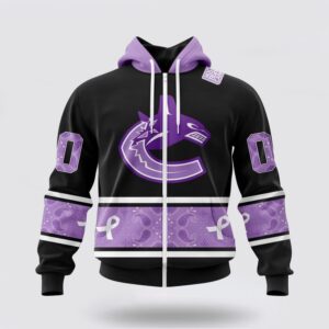 Personalized NHL Vancouver Canucks All Over Print Hoodie Special Black And Lavender Hockey Fight Cancer Design Hoodie 2