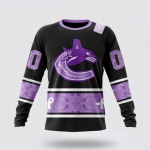 Personalized NHL Vancouver Canucks Crewneck Sweatshirt Special Black And Lavender Hockey Fight Cancer Design Sweatshirt 1