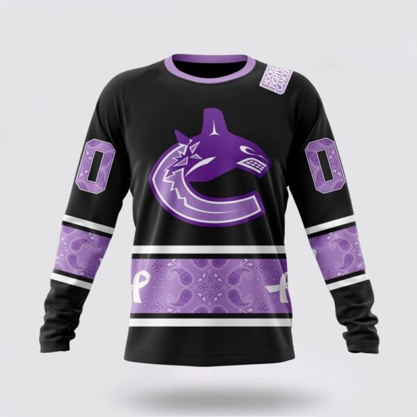 Personalized NHL Vancouver Canucks Crewneck Sweatshirt Special Black And Lavender Hockey Fight Cancer Design Sweatshirt