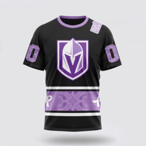 Personalized NHL Vegas Golden Knights 3D T Shirt Special Black And Lavender Hockey Fight Cancer Design T Shirt 1