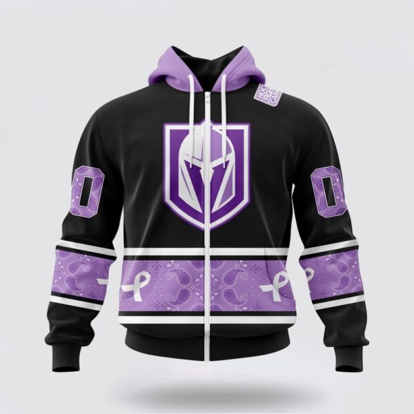 Personalized NHL Vegas Golden Knights All Over Print Hoodie Special Black And Lavender Hockey Fight Cancer Design Hoodie