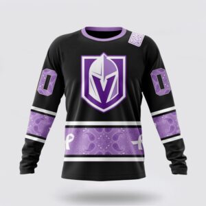 Personalized NHL Vegas Golden Knights Crewneck Sweatshirt Special Black And Lavender Hockey Fight Cancer Design Sweatshirt 1