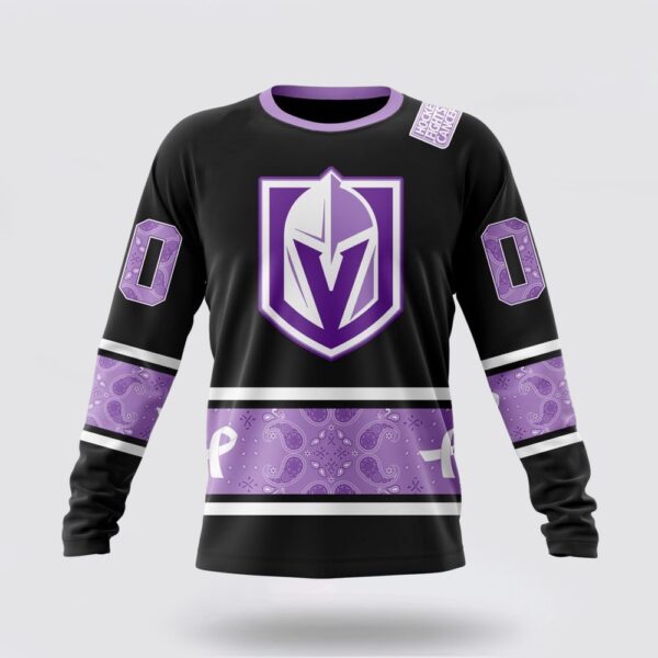 Personalized NHL Vegas Golden Knights Crewneck Sweatshirt Special Black And Lavender Hockey Fight Cancer Design Sweatshirt