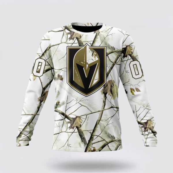 Personalized NHL Vegas Golden Knights Crewneck Sweatshirt Special White Winter Hunting Camo Design Sweatshirt