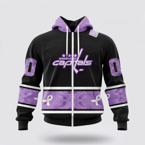 Personalized NHL Washington Capitals All Over Print Hoodie Special Black And Lavender Hockey Fight Cancer Design Hoodie