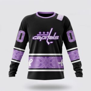 Personalized NHL Washington Capitals Crewneck Sweatshirt Special Black And Lavender Hockey Fight Cancer Design Sweatshirt 1