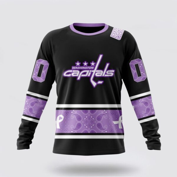 Personalized NHL Washington Capitals Crewneck Sweatshirt Special Black And Lavender Hockey Fight Cancer Design Sweatshirt