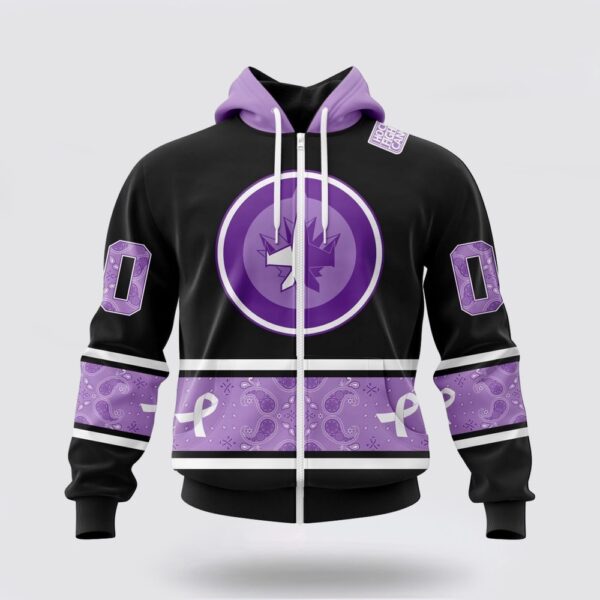 Personalized NHL Winnipeg Jets All Over Print Hoodie Special Black And Lavender Hockey Fight Cancer Design Hoodie