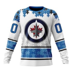 Personalized NHL Winnipeg Jets Crewneck Sweatshirt Special Autism Awareness Design With Home Jersey Style 1