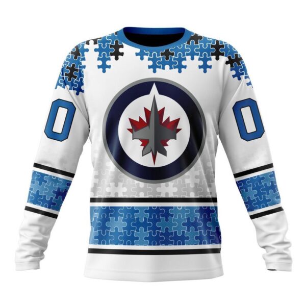Personalized NHL Winnipeg Jets Crewneck Sweatshirt Special Autism Awareness Design With Home Jersey Style