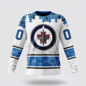 Personalized NHL Winnipeg Jets Crewneck Sweatshirt Special Autism Awareness Design With Home Jersey Style Sweatshirt 1