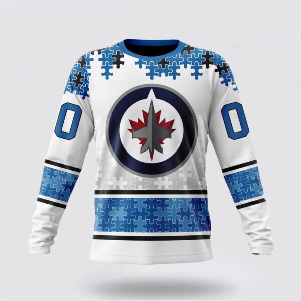 Personalized NHL Winnipeg Jets Crewneck Sweatshirt Special Autism Awareness Design With Home Jersey Style Sweatshirt