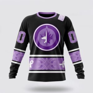 Personalized NHL Winnipeg Jets Crewneck Sweatshirt Special Black And Lavender Hockey Fight Cancer Design Sweatshirt 1