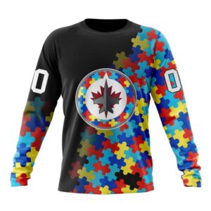 Personalized NHL Winnipeg Jets Crewneck Sweatshirt Special Black Autism Awareness Design 1