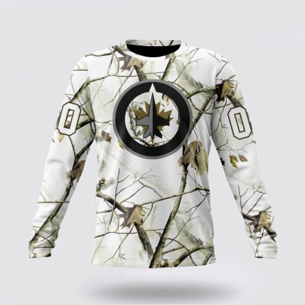 Personalized NHL Winnipeg Jets Crewneck Sweatshirt Special White Winter Hunting Camo Design Sweatshirt
