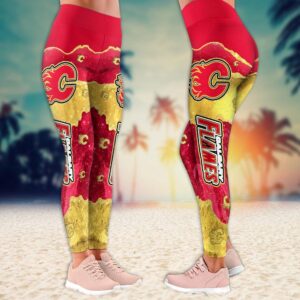 NHL Calgary Flames Summer Flower Leggings For Women 2