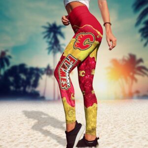 NHL Calgary Flames Summer Flower Leggings For Women 3