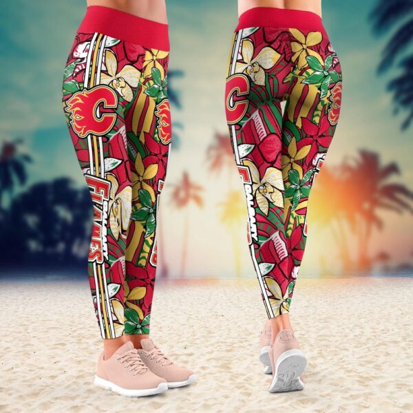 NHL Calgary Flames Summer Flower Pattern Leggings Women Football Leggings For Women