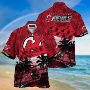 NHL New Jersey Devils Palm Tree Pattern Hawaii Shirt Unisex Sport Hawaii Shirt 1